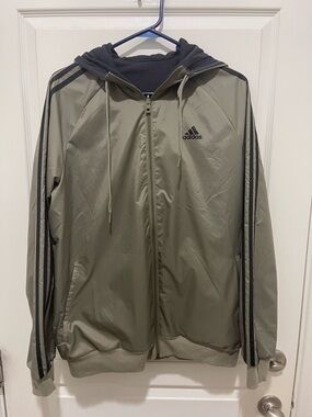 adidas Reversible Olive Green Hooded Windbreaker with Black Stripes
